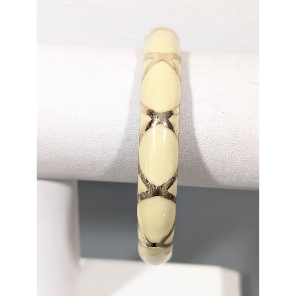Retro Cream Enamel Criss Cross Gold‎ Tone Hinge Bangle Braceclet